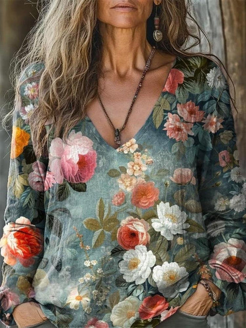 Casual V-neck long-sleeved pullover loose digital printing women's top T-shirt m301741