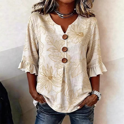Small V-neck shirt flared sleeve printed button-down shirt m302753