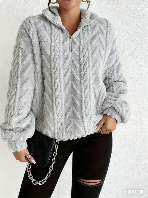 Double-sided plush latte casual zipper pullover top m302162