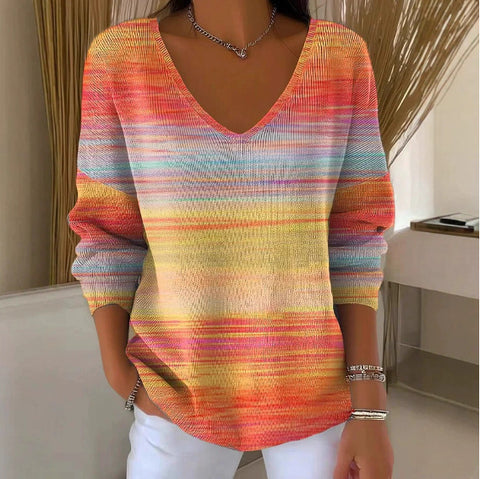 Shoulder V-Neck Long Sleeve Pullover 3D Digital Printing Women's Top T-Shirt m301684