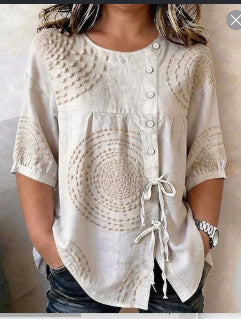 Color matching loose blouse five-button drawstring m302924