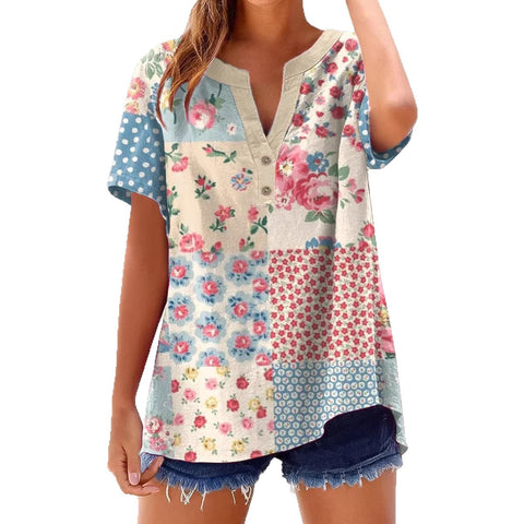 Printed V-neck pullover short-sleeved T-shirt m303021