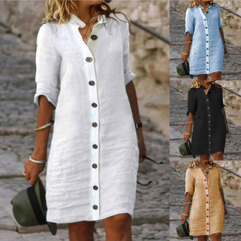 Shirt Collar Half Sleeve Large round Buckle Cotton and Linen Dress M300218