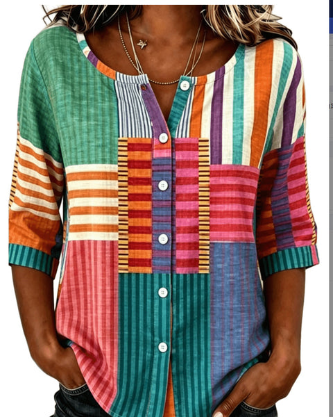 Cotton and linen shirt round neck seven-quarter sleeve single-breasted casual top m303032