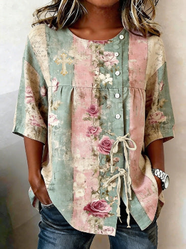 Color matching loose blouse five-button drawstring m302924