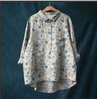 Long Sleeve Bamboo Linen Printing Fashion Versatile Lapel Shirt m301040