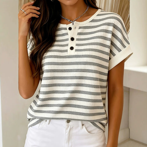 Waffle striped print design crew neck button-up placket casual top m303050