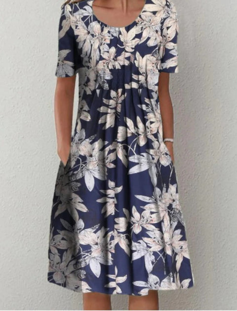 Spring/Summer Flower Printed Round Neck Pocket Mid length Dress for Women's Clothing m300037