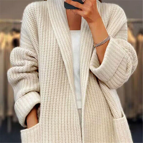 Autumn and winter new women's thickened solid color V-neck knitted cardigan loose pocket sweater jacket m300471