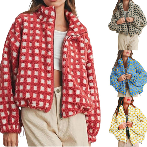 New women's anti-blow lamb wool plaid fashion casual loose coat m302134