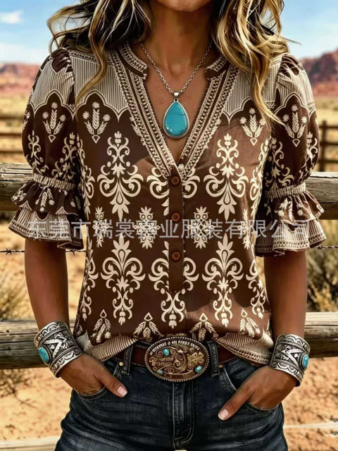 V-neck three-button top digital print horn-sleeved shirt FF303333