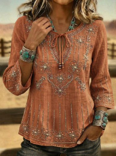 Crew neck long sleeve imitation hemp women's loose top m303045