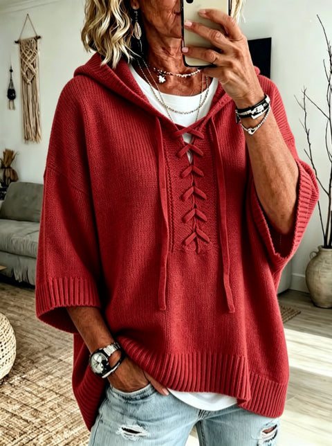Strap-on hooded 7-point sleeve knitted sweater lazy loose pullover sweater m303004