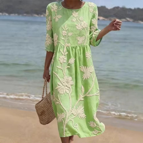 Women's medium and long sleeves side bag crew neck dress seaside vacation loose dress m302606