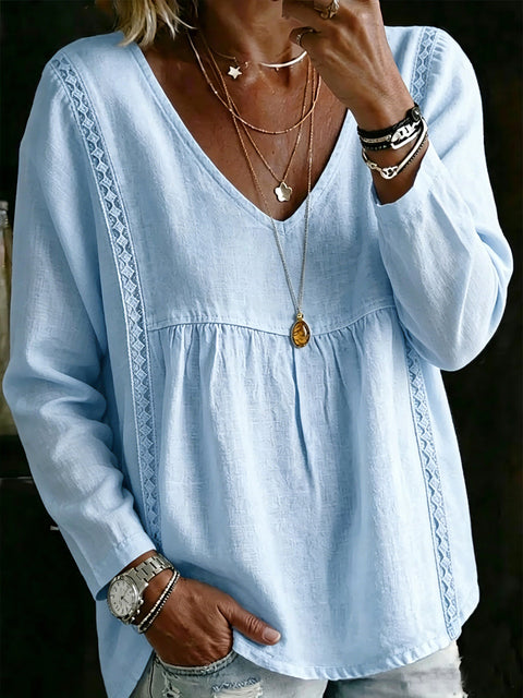Lace V-neck pullover solid color women's casual long-sleeved top shirt m302992