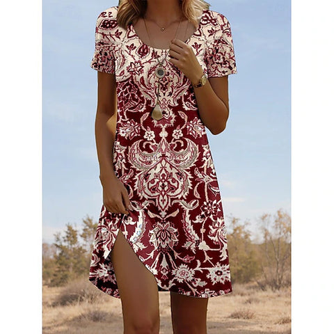 Versatile polka dot flower short-sleeved round neck medium and long skirt m302614