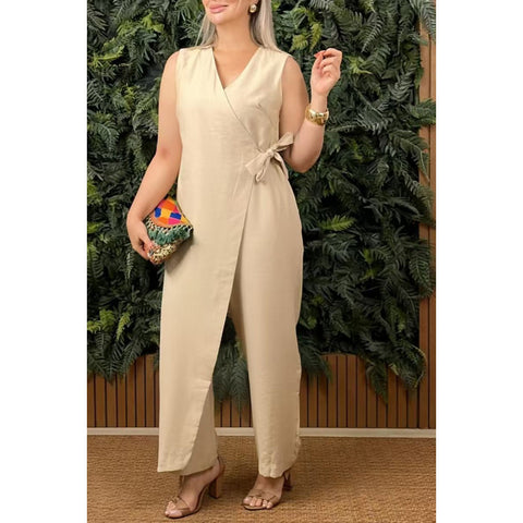 Solid color casual V-neck strap jumpsuit m303023
