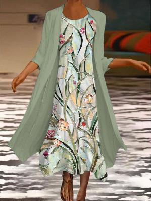 New women's long dress two-piece set flower and grass print crew neck dress m301251