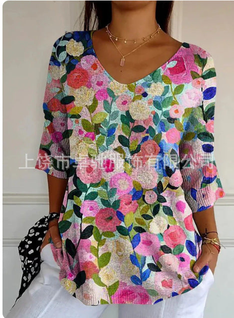 V-neck 3D printed geometric pattern five-quarter sleeve T-shirt top m302777