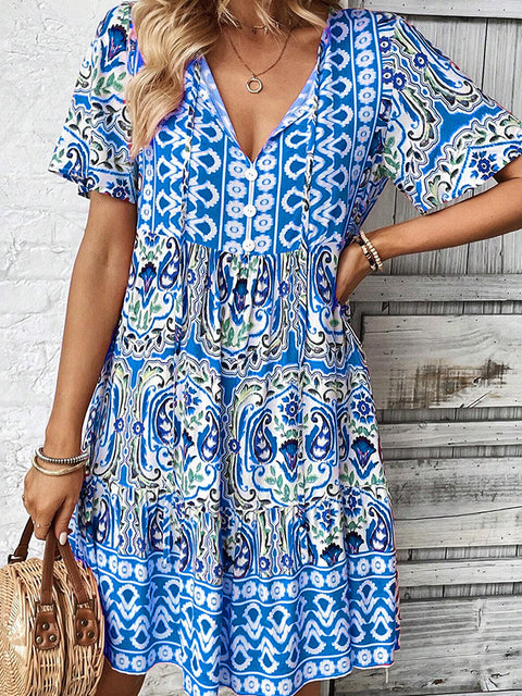 New V-neck dress fashionable loose bohemian print skirt m300994