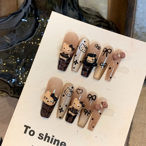 Hand-worn manicure ins premium brown Hello Kitty cat eye long white removable fake nail sticker m3331216