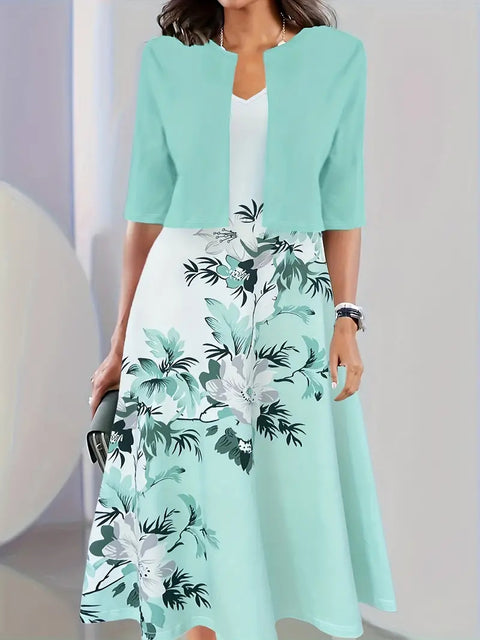 New women's long dress two-piece set flower and grass print crew neck dress jacket m302471