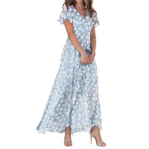 Big pendulum long dress V-neck short-sleeved printed chiffon dress m301544