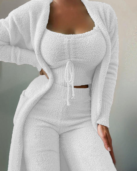 Plush three-piece lace-up pajamas set casual set loungewear m301066