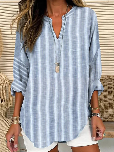 Small V-neck button-down shoulder long-sleeved women's T curved hem clothes m301361