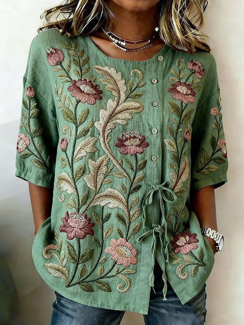 Color matching loose blouse five-button drawstring m302924