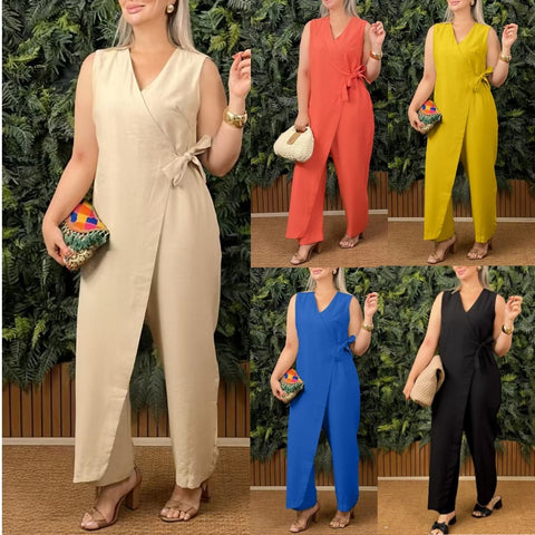 Solid color casual V-neck strap jumpsuit m303023