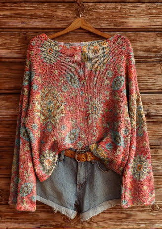 Vacation print casual cape top crew neck knitted sweater m302130