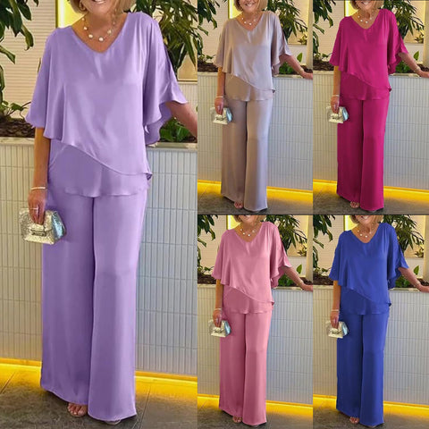 Set Solid color V-neck irregular hem casual set m301319