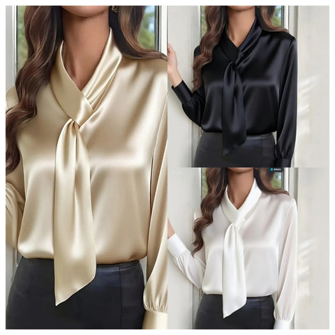 Autumn solid color fashion design sense streamer long sleeve shirt women's clothing m301975