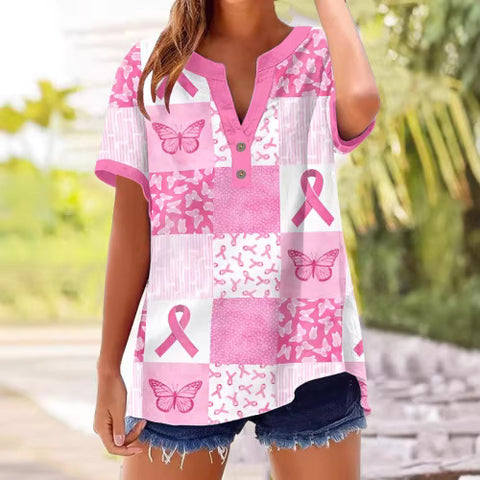 Printed V-neck pullover short-sleeved T-shirt m303021
