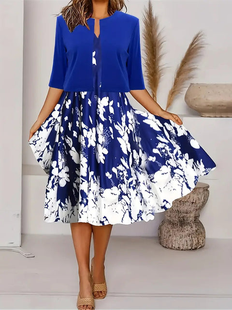 New women's long dress two-piece set flower and grass print crew neck dress jacket m302471