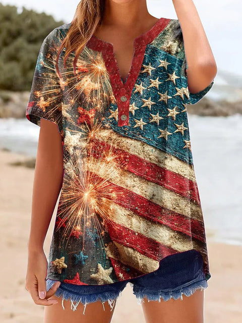 Printed V-neck pullover short-sleeved T-shirt m303021