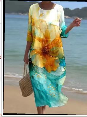 Loose crew neck fashion high-end long-sleeved printed dress m301053