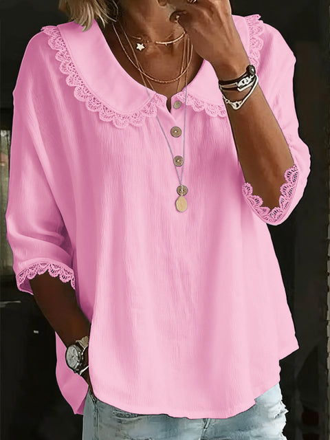 Women's casual loose fashion lapel lace solid color button-down shirt m302339