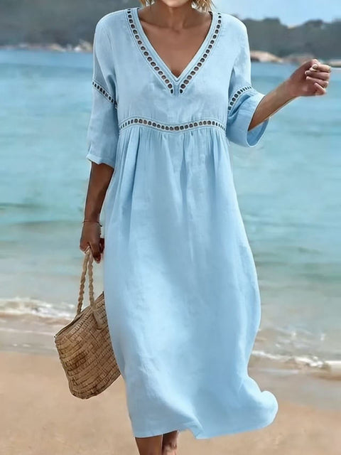 New elegant casual V-neck solid color medium-sleeved women's dress m303026