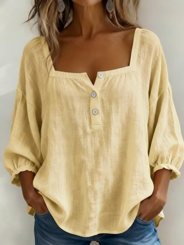 Floral print 3-button elegant wide neck top m302847