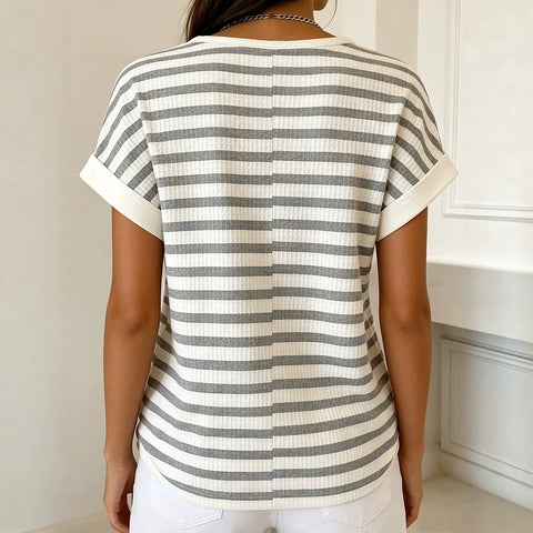 Waffle striped print design crew neck button-up placket casual top m303050