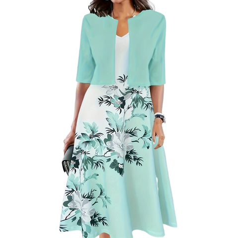 New women's long dress two-piece set flower and grass print crew neck dress jacket m302471
