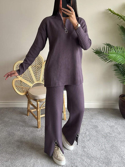 Women's solid color zipper knitted suit turtleneck pit strip loungewear two-piece set m301792