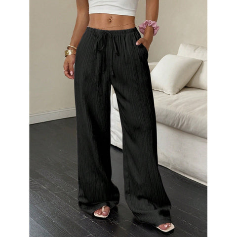 Casual solid color textured fabric knotted waist diagonal pocket wide leg pants m302809