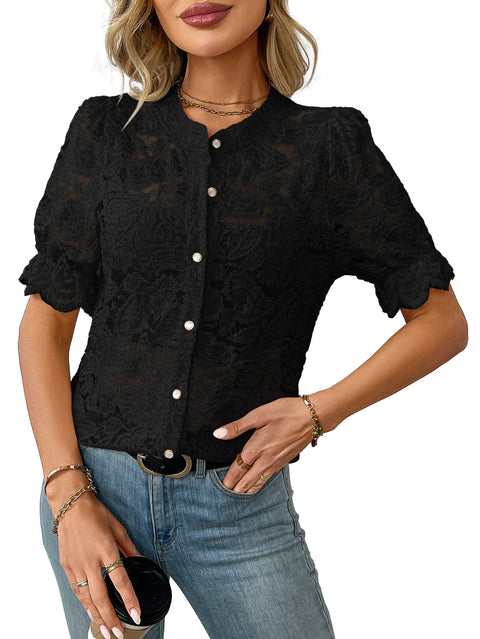 Ladies Summer Lace Short Sleeve Casual Shirt Button Shirt m302652