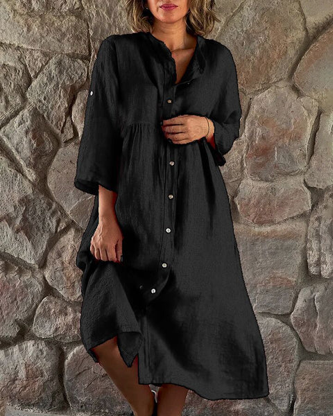 Cotton and linen solid color casual stand-up collar button long dress m301322