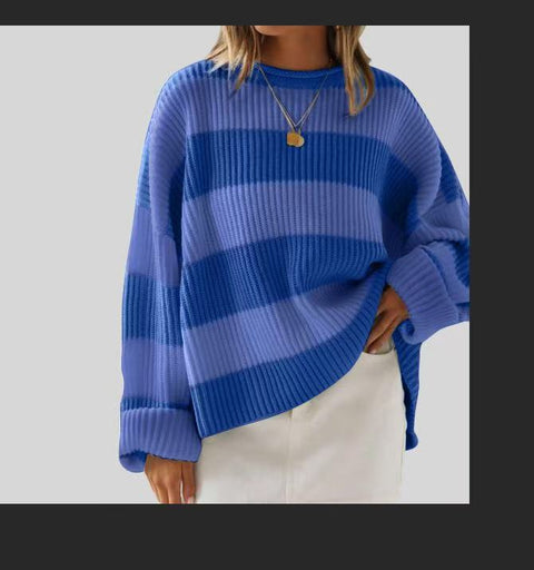 Crew neck long sleeve striped knitted sweater flared sleeve loose sweater women m301591