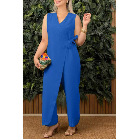 Solid color casual V-neck strap jumpsuit m303023