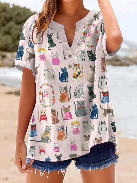 Printed V-neck pullover short-sleeved T-shirt m303021